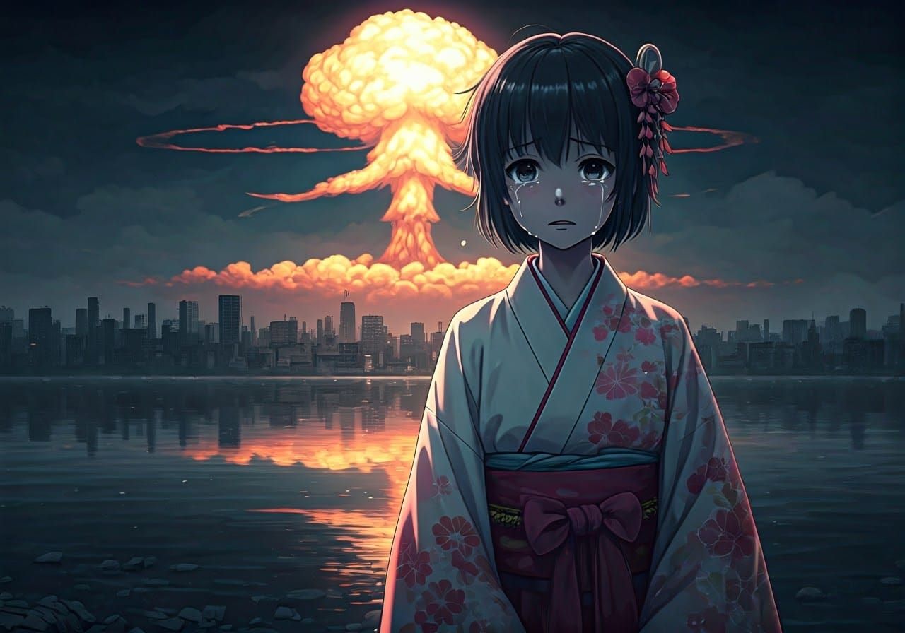 Sorrowful Anime Girl Confronts Nuclear Apocalypse in Traditi...