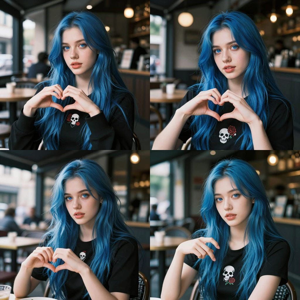 Woman with Blue Hair and Heart Hand Gesture