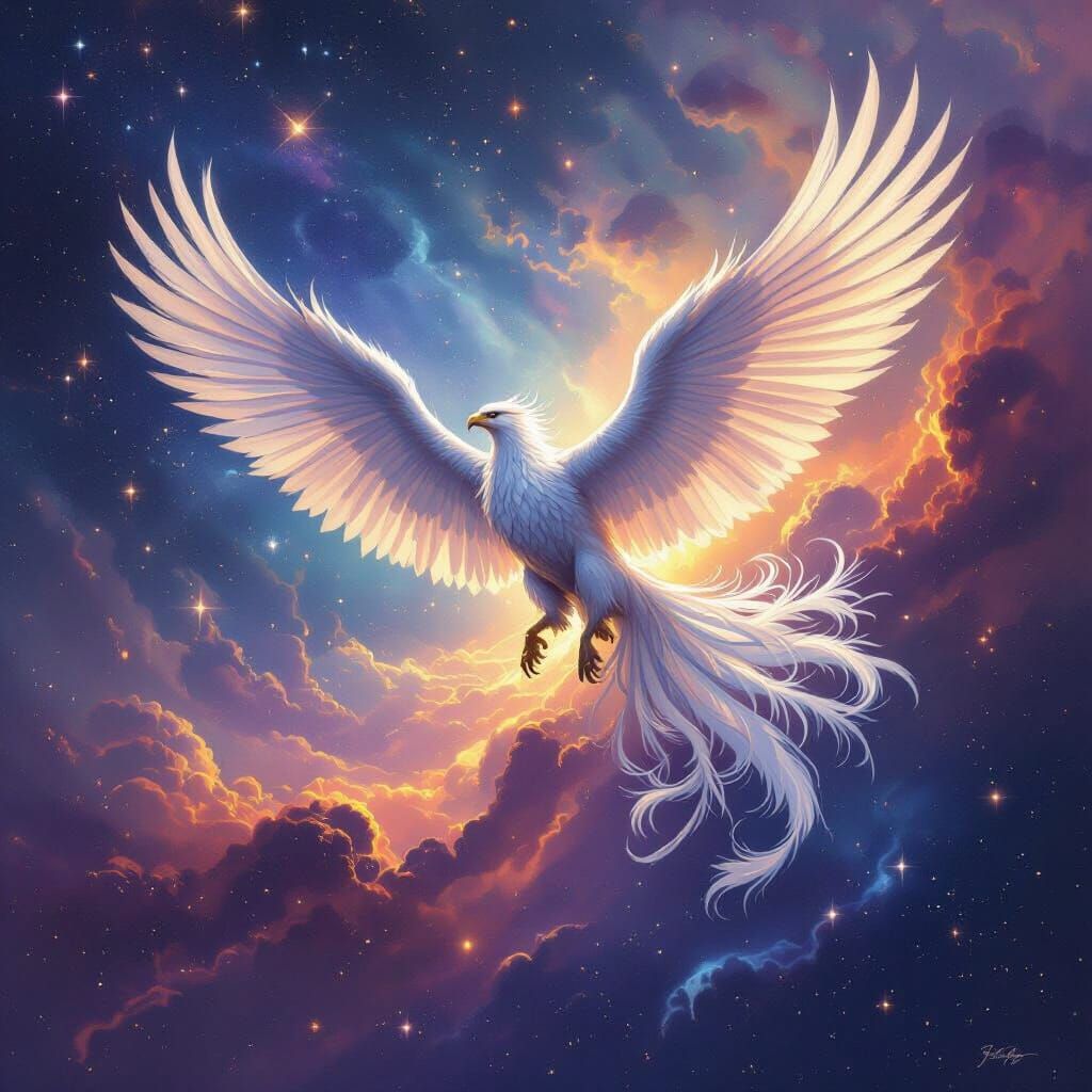 Griffin Soaring Through a Cosmic Nebula