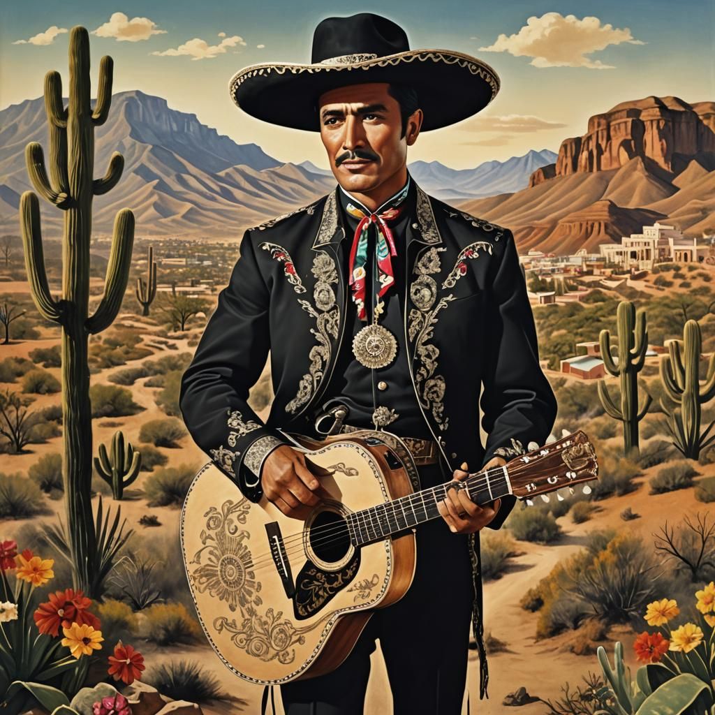 Charro Guitar Player in 60s Movie Poster Style