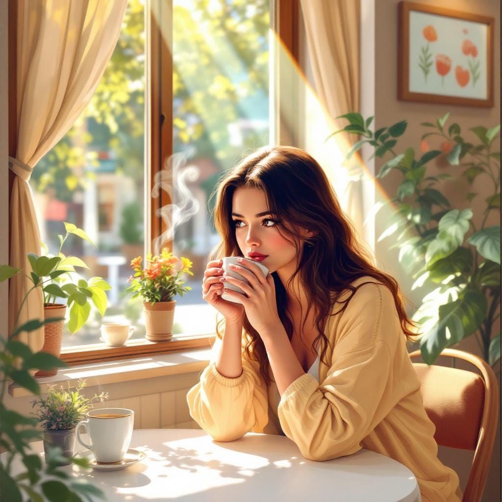 Manga Woman Sipping Tea in a Cafe