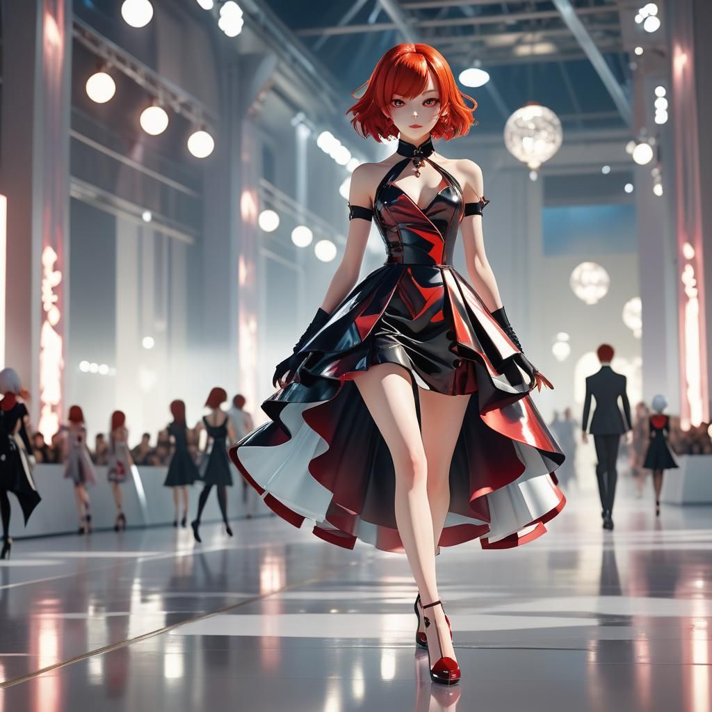 Red-Haired Model on Runway in Anime-Inspired 3D Art