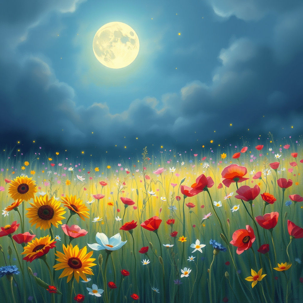 Moonlit Meadow with Flowers in Impressionist Style
