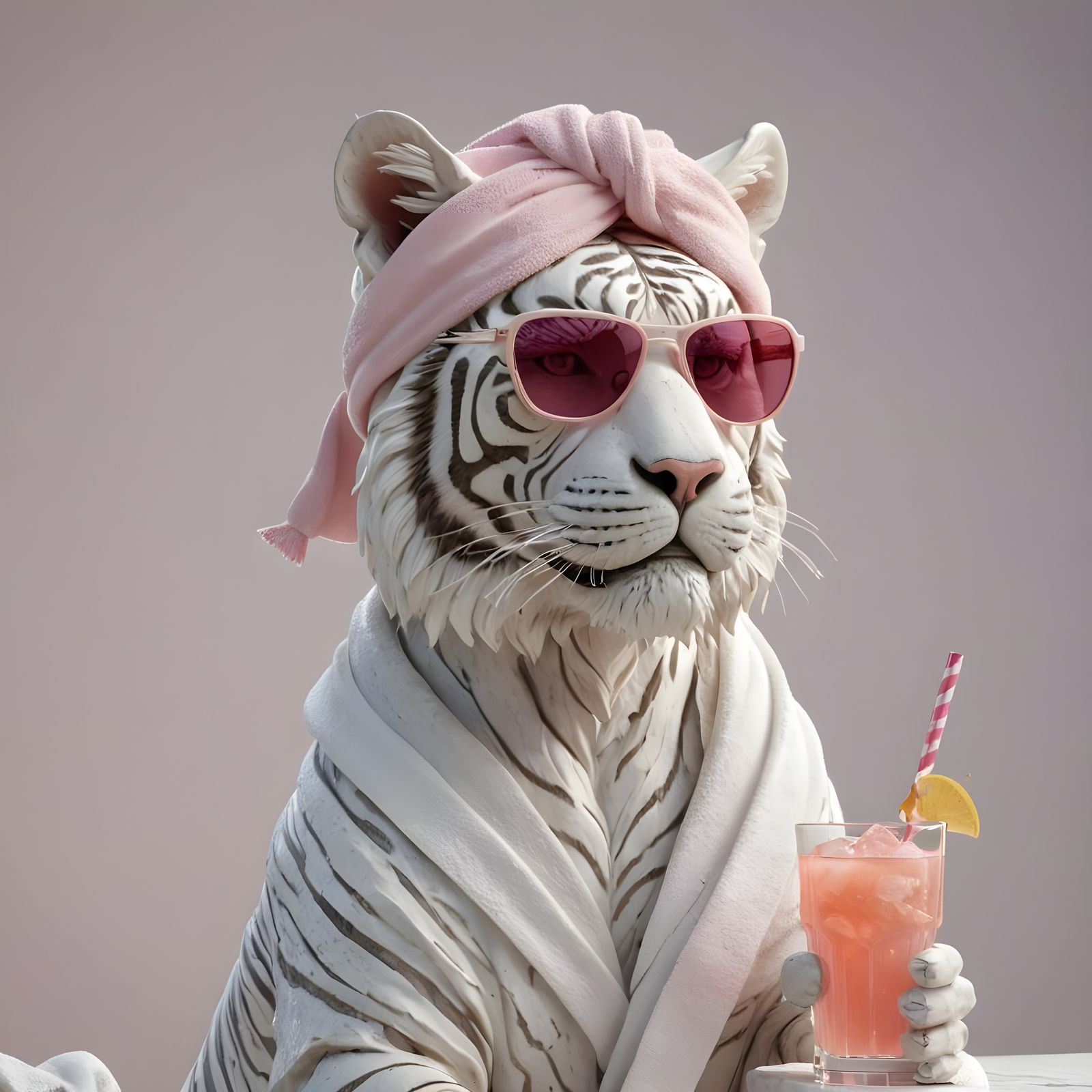 Cool Marble Tiger with Cocktail in 3D Render