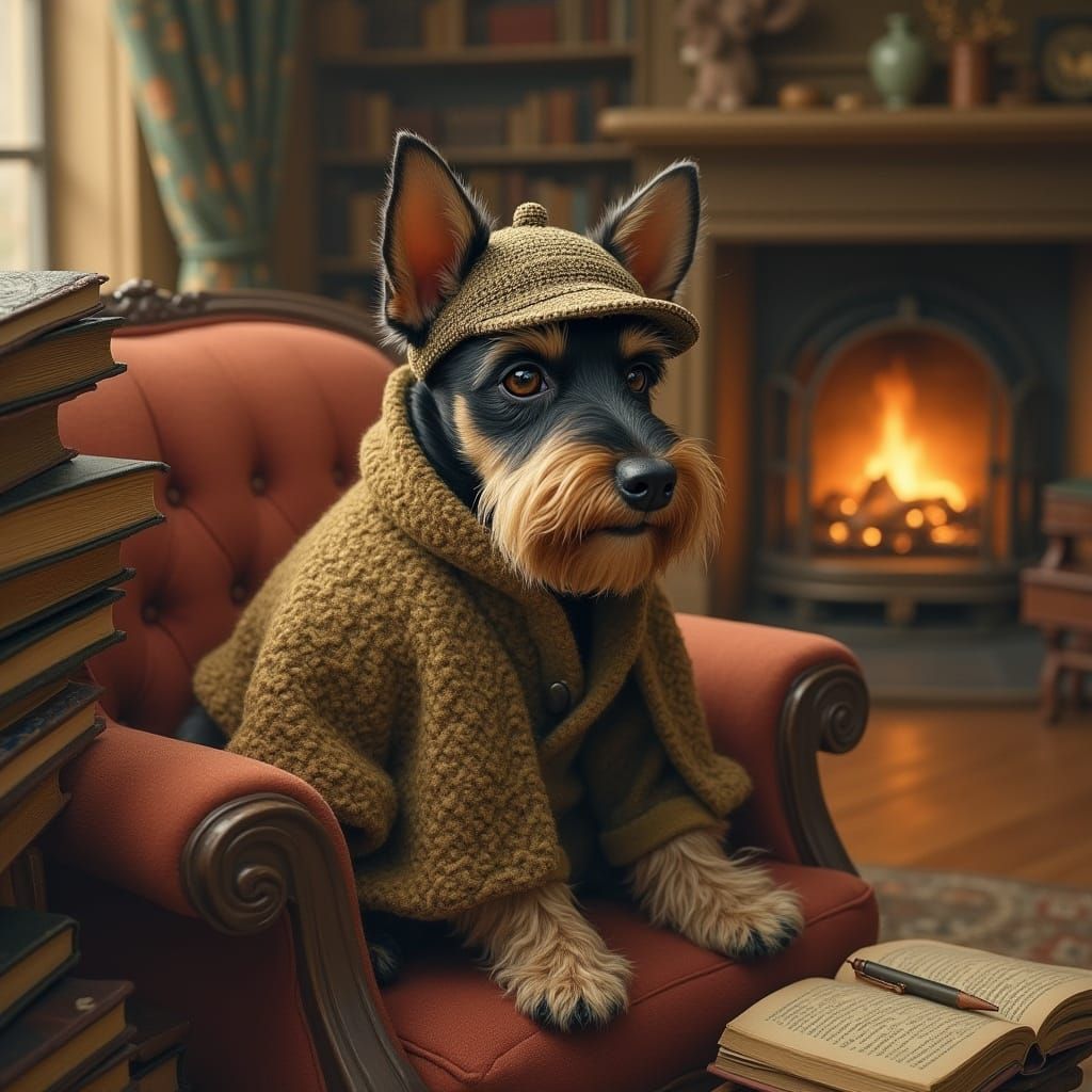 Schnauzer as Sherlock Holmes in Cozy Scene