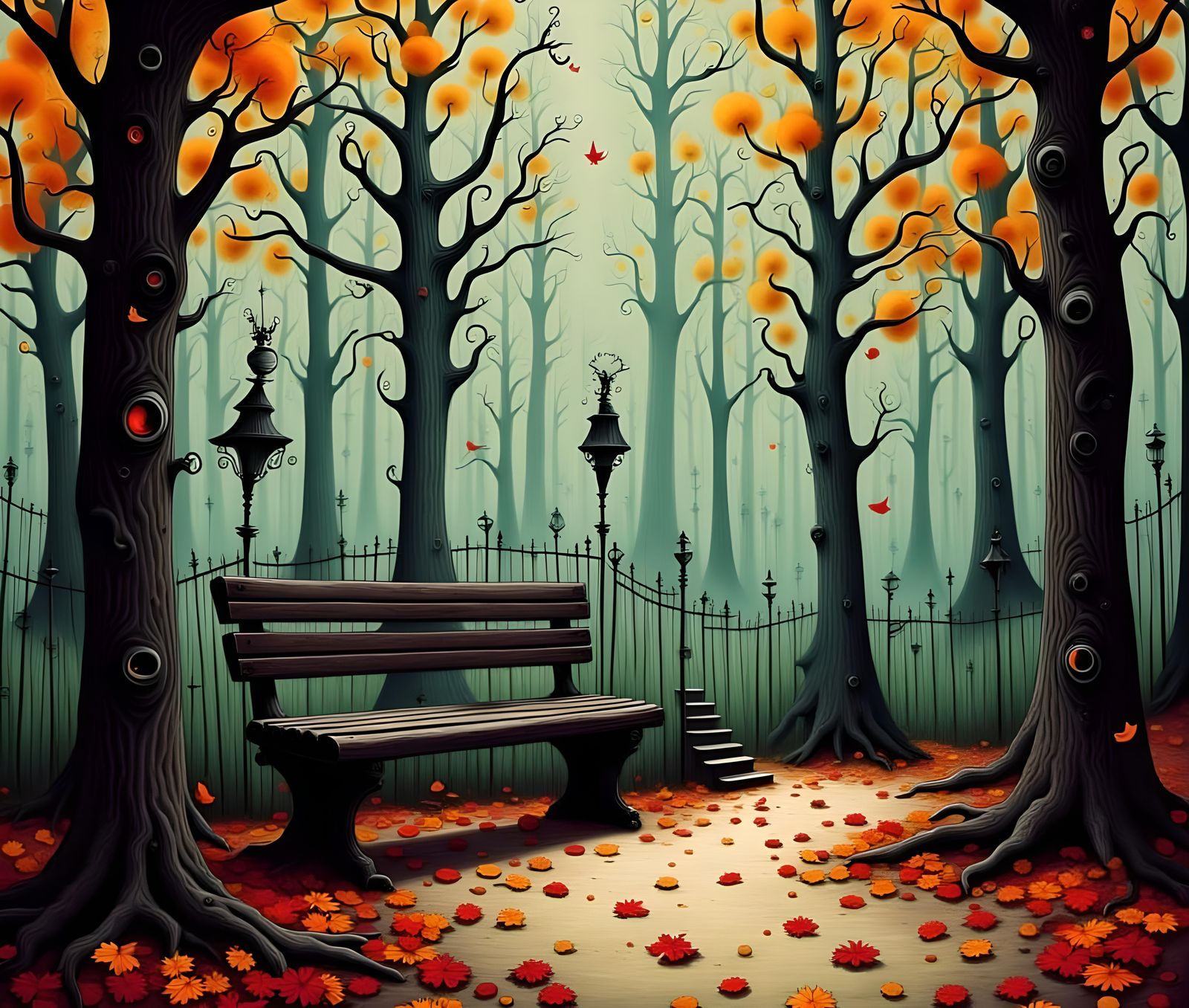 Surreal Park Bench Illustration in Tim Burton Style