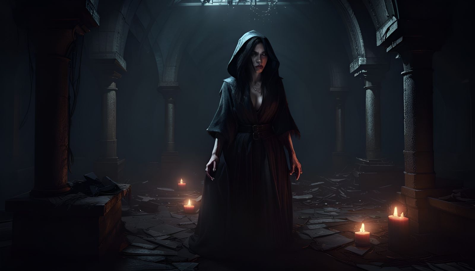 Eerie Crypt: Dark-Haired Witch in Digital Illustration