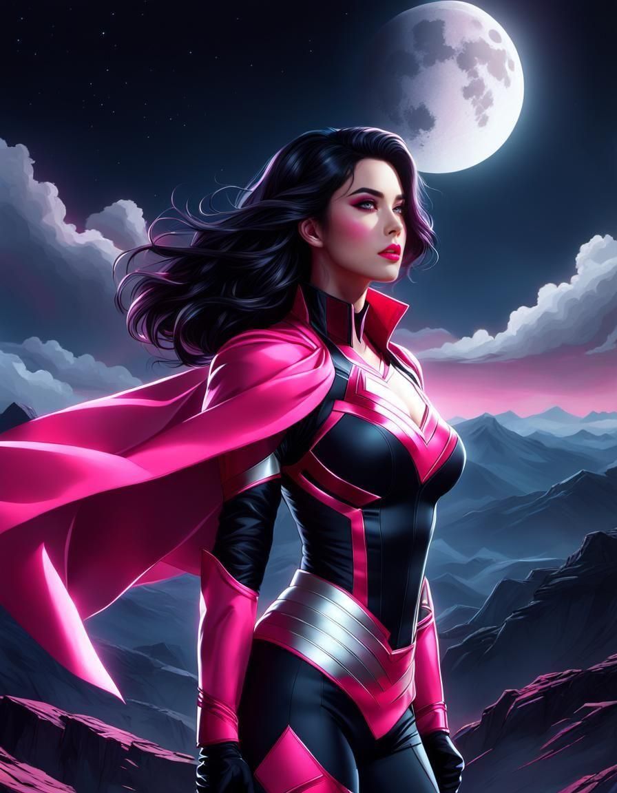 Confident Woman Hero on Windy Mountain in Comic Art
