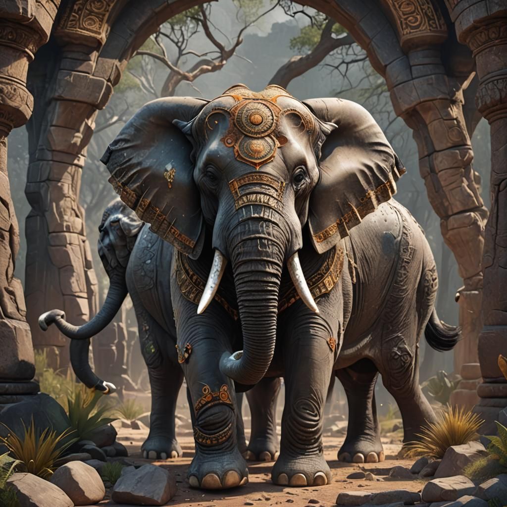 Stone-Adorned African Elephant Bull in Detailed Digital Pain...