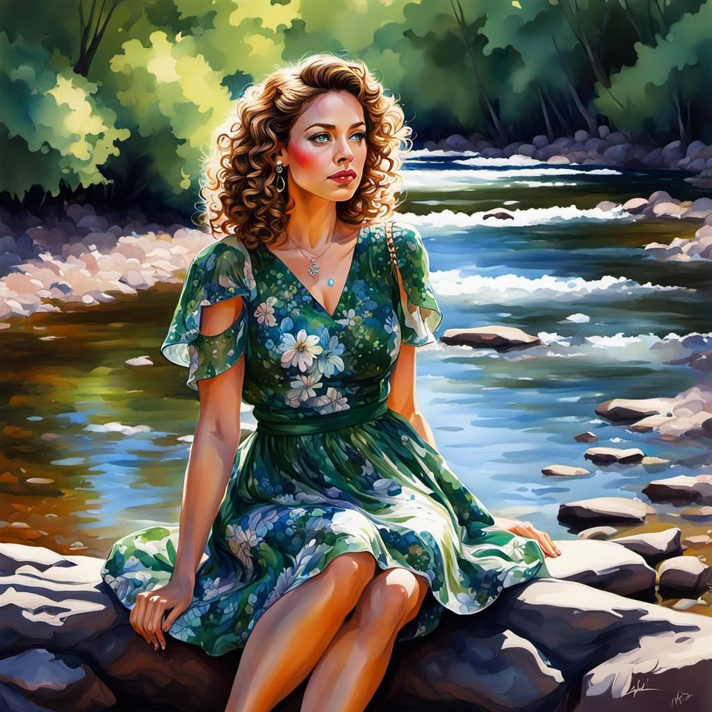 Colorful Portrait Sketch of Girl by Stream