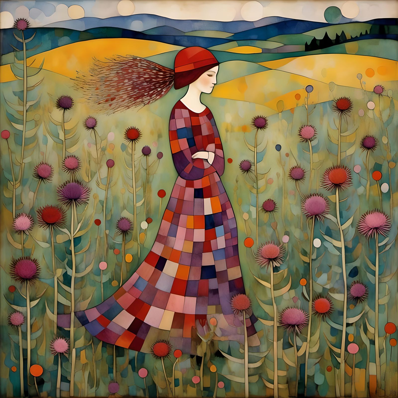 Scottish Girl in Thistle Field: Klimt Klee Style