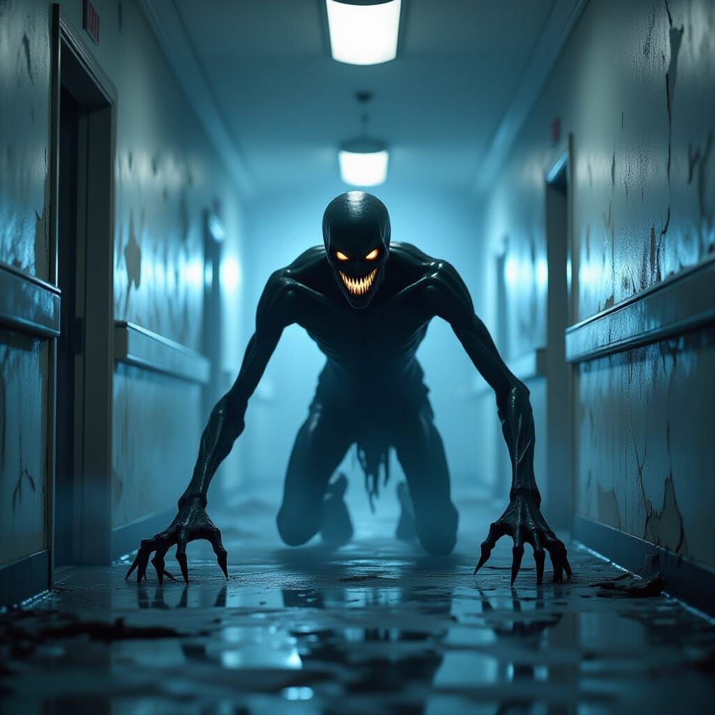 Nightmarish Creature in Abandoned Asylum Hallway