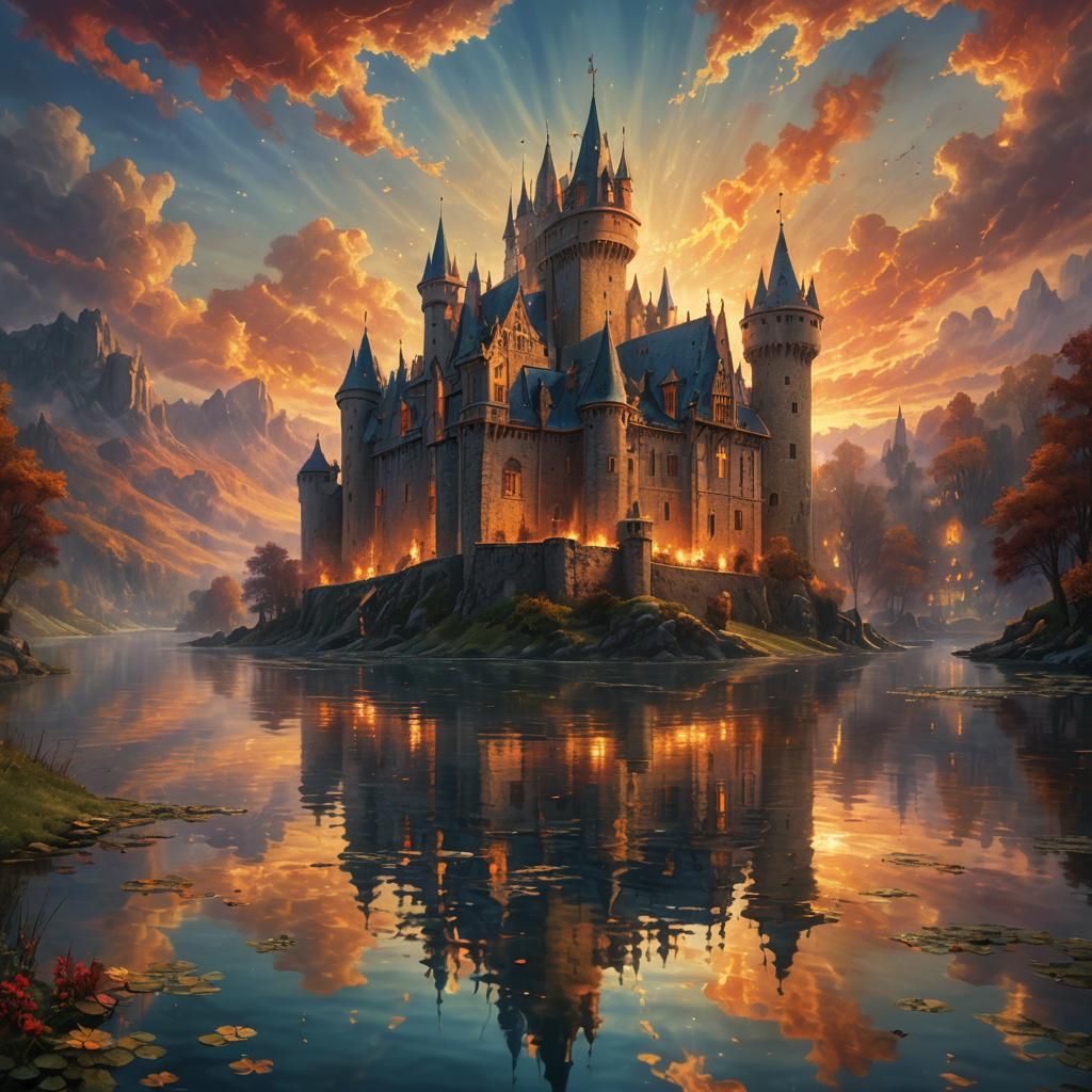 Medieval Castle Ablaze in River: Fantasy Art