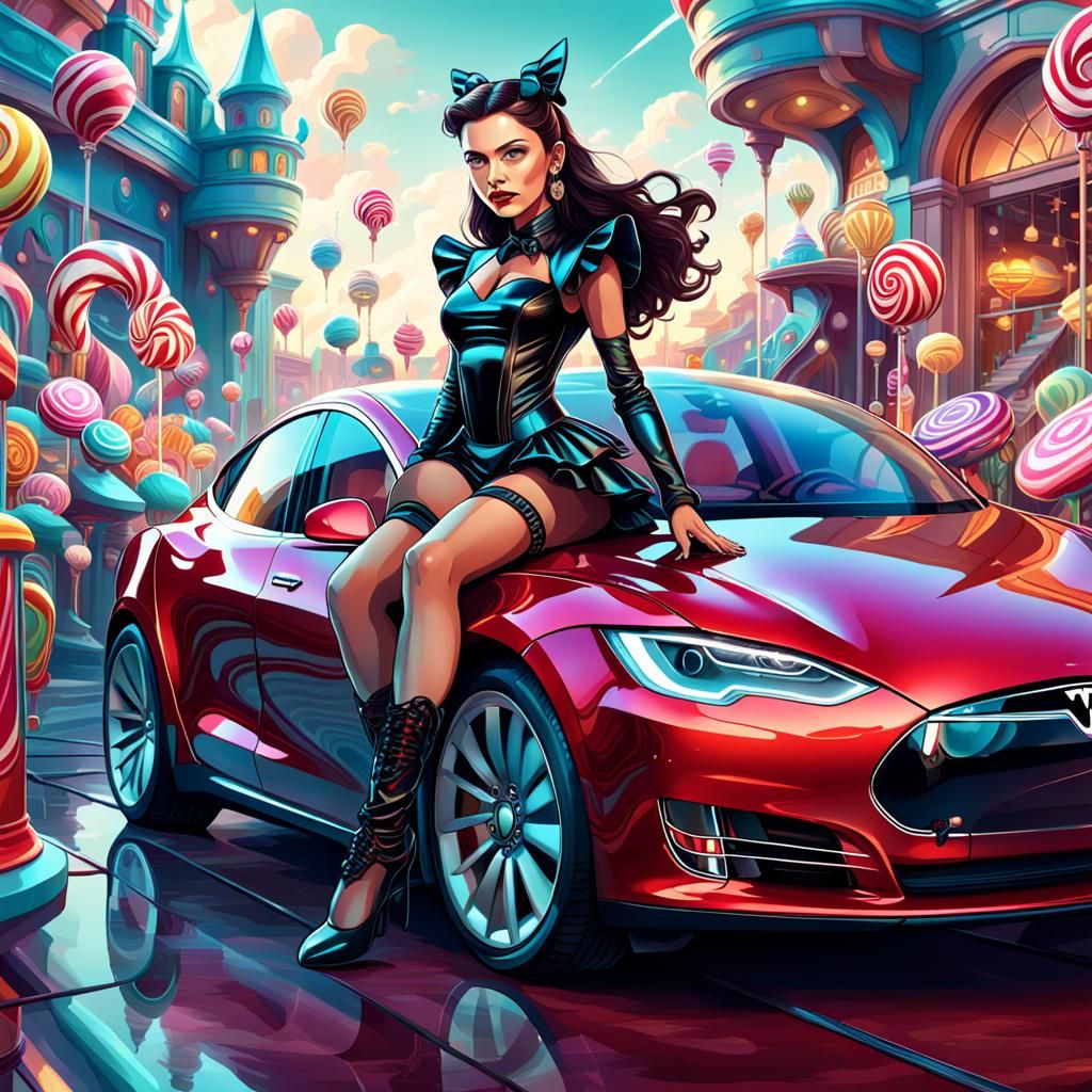 Detailed Woman on Tesla in Candy Art Style