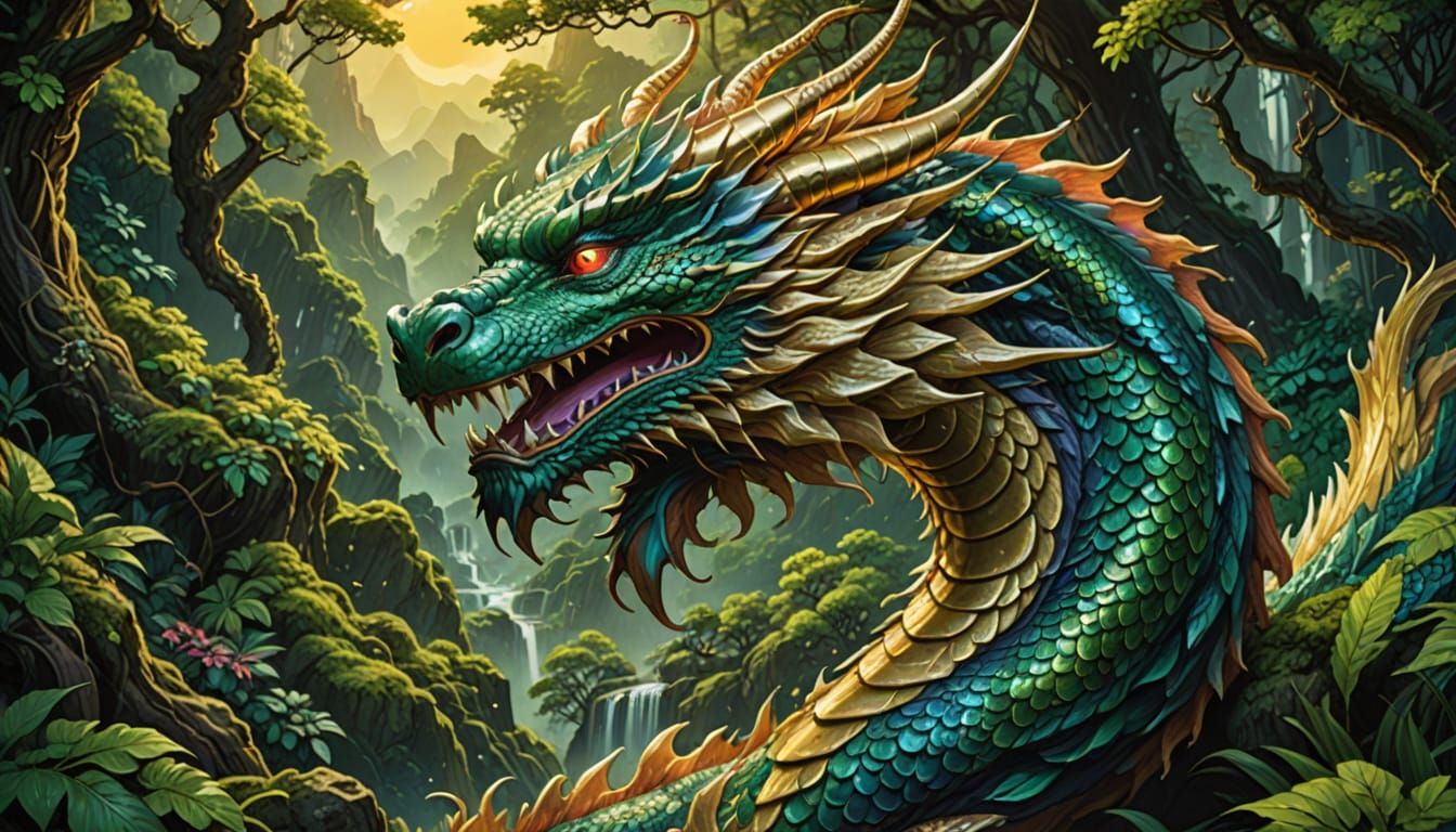 Japanese Dragon in Lush Forest, Comic Book Art