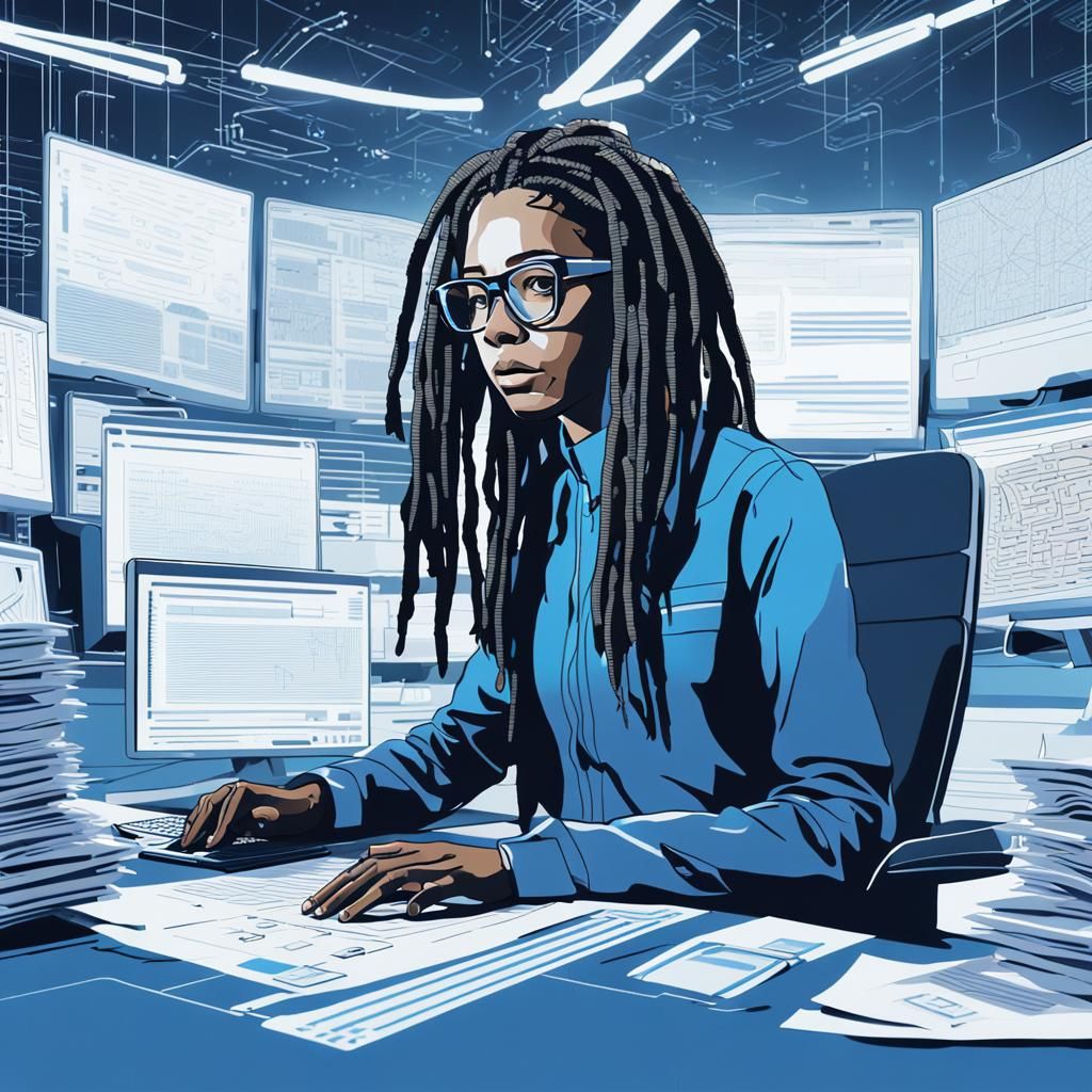 AI Engineer in Minimalist Office: Futuristic, Syd Mead Style