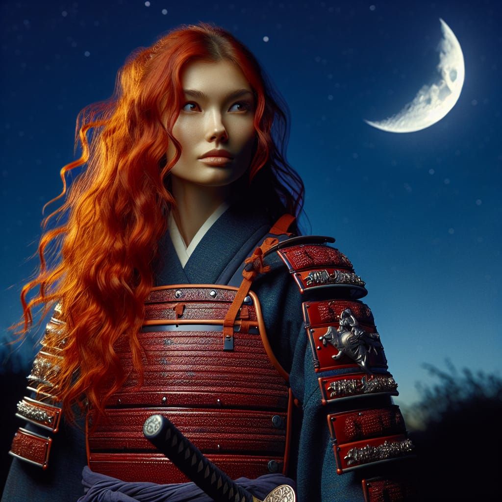 Fiery Red-Haired Samurai Warrior Under Moonlit Sky