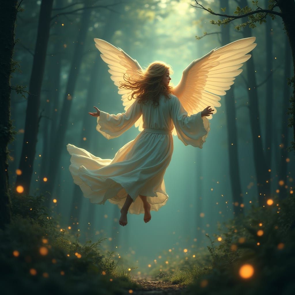 Angel Flies Through Mystical Forest