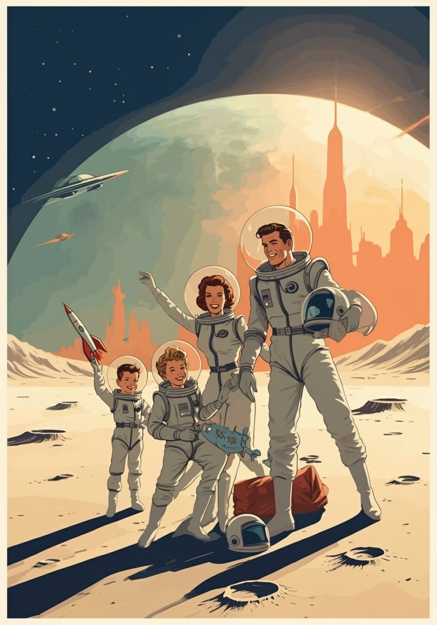 Retro-Futuristic Lunar Holiday Poster in Comic Art Style