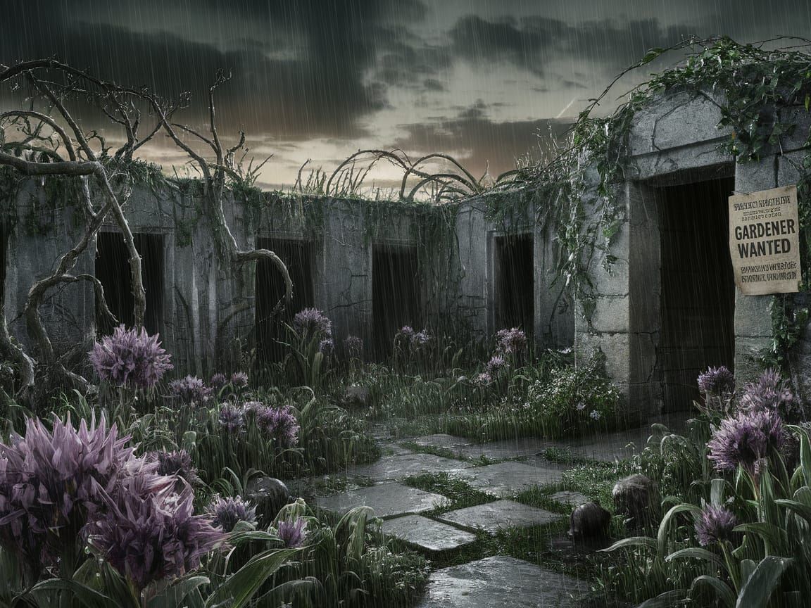 Creepy Abandoned Castle Garden with Skulls and Tombs