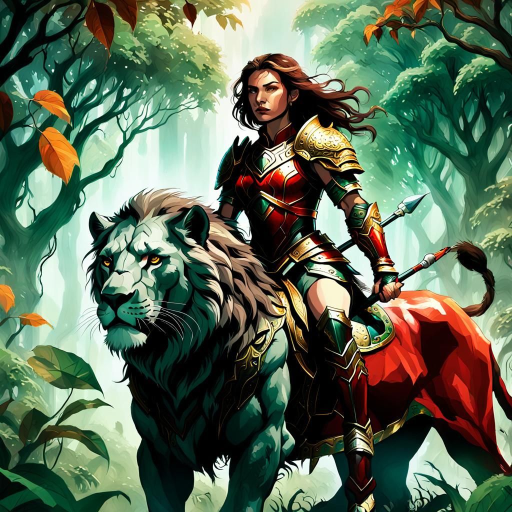 Female Warrior Riding Lion in Fantasy Landscape