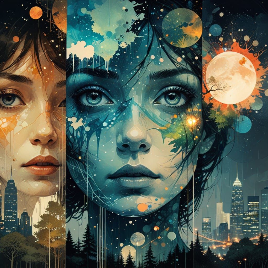 Double Exposure Galaxy Dripping into Cityscape