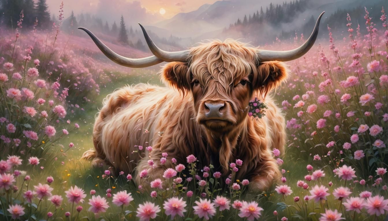 Highland Cow in Ethereal Fantasy Flower Field
