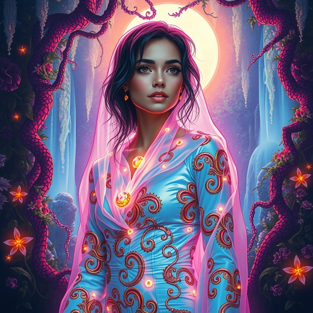 Holographic Woman in Surreal Dreamscape