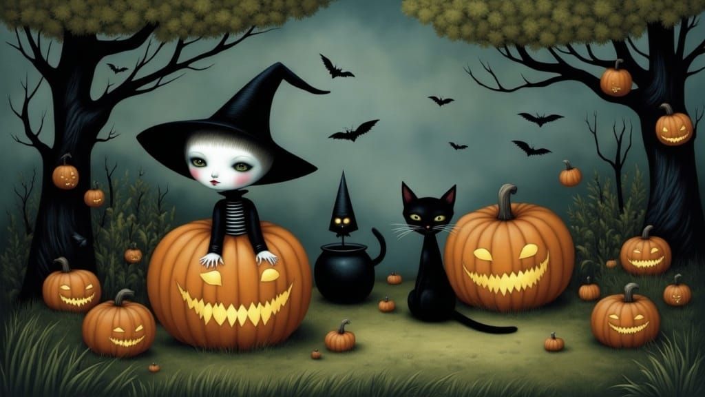 Halloween Pumpkin Witch in Spooky Forest