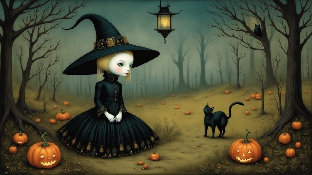 Halloween Pumpkin Witch in Spooky Forest