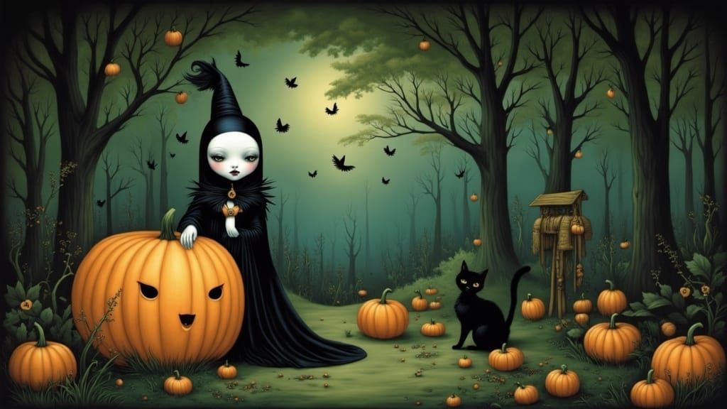 Halloween Pumpkin Witch in Ethereal Forest