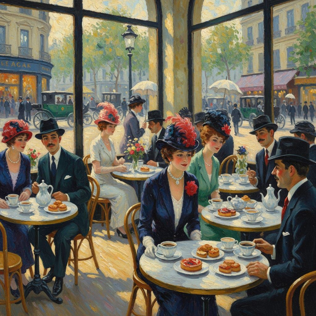 1920s Parisian Cafe Scene in Impressionist Style