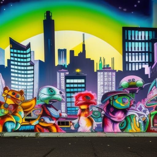 Graffiti, street artist, spray paint art, cartoon funny and detailed cute alien creatures posing in front of a futuristi...