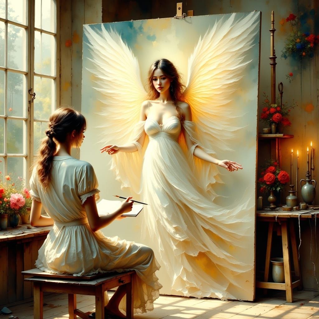 Woman Paints Angel in Antique Watercolor Style