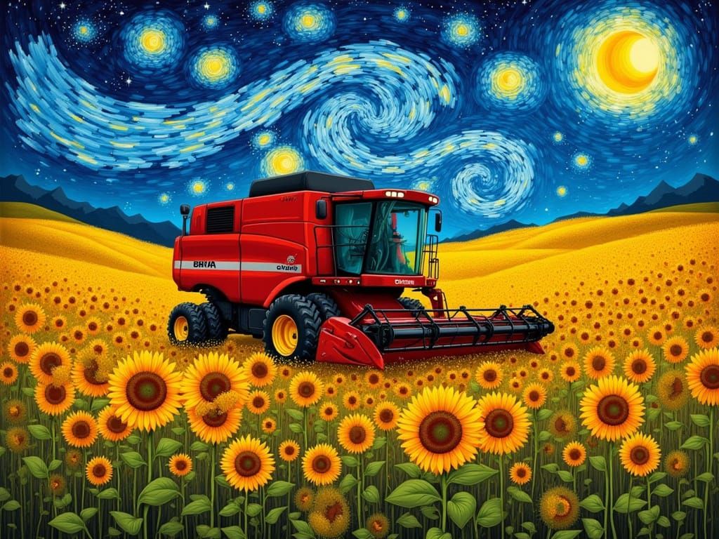 Surreal Harvester Under Starry Night Sky, Van Gogh Style