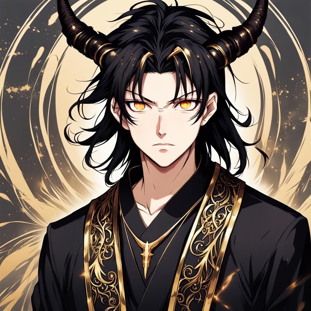 Anime Boy with Horns and Golden Eyes