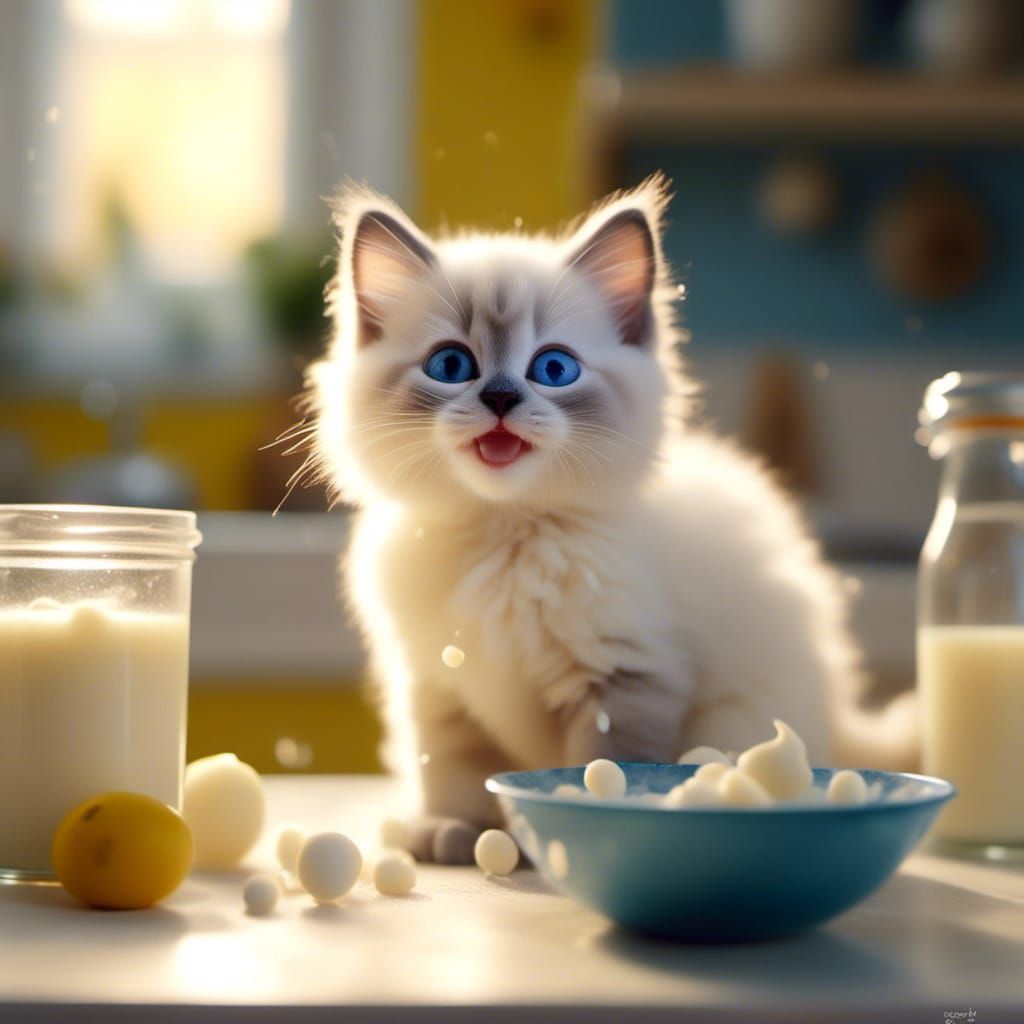 Sealpoint Ragdoll Kitten Drinks Milk: Photorealistic Image