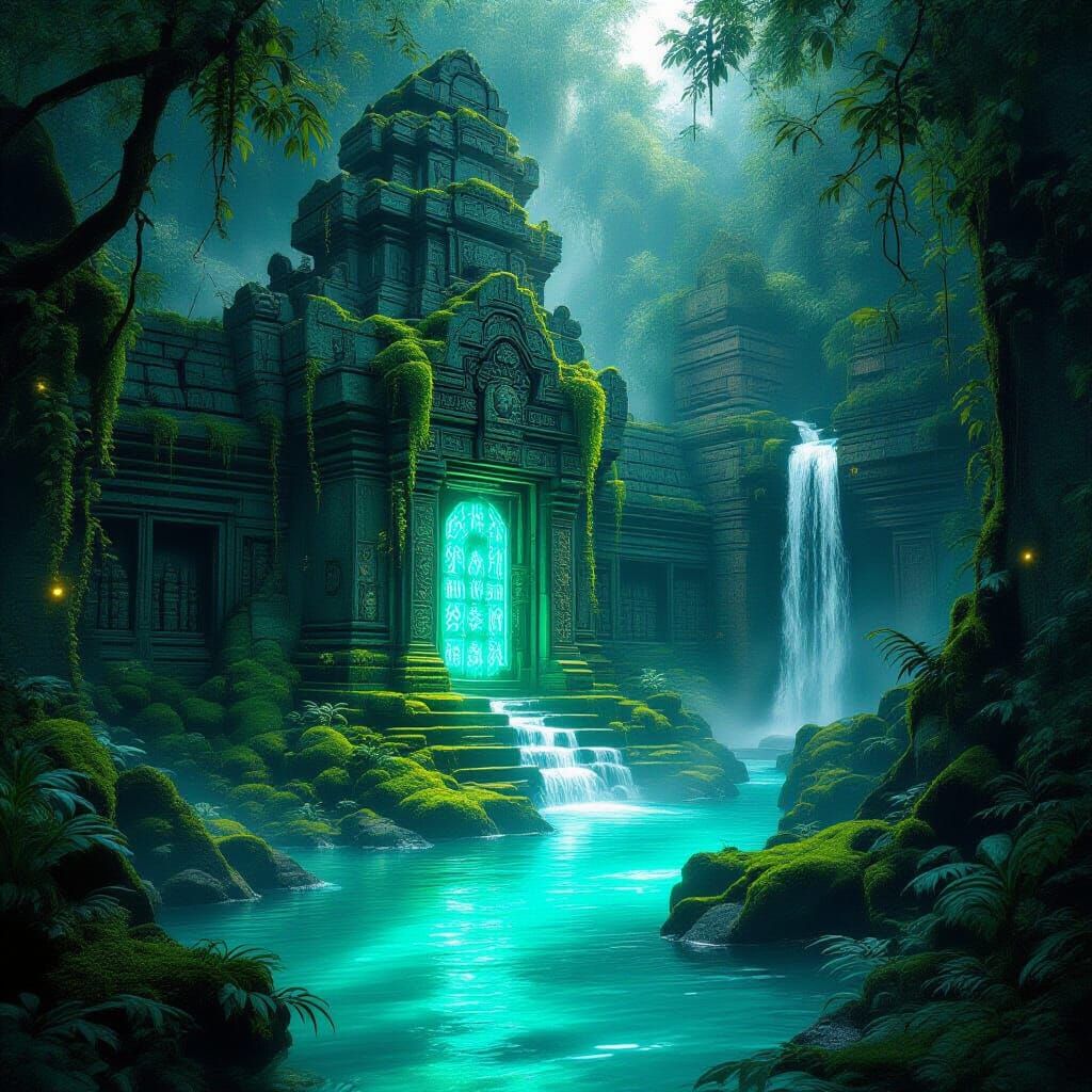 Lush Jungle Temple with Glowing Turquoise Moss