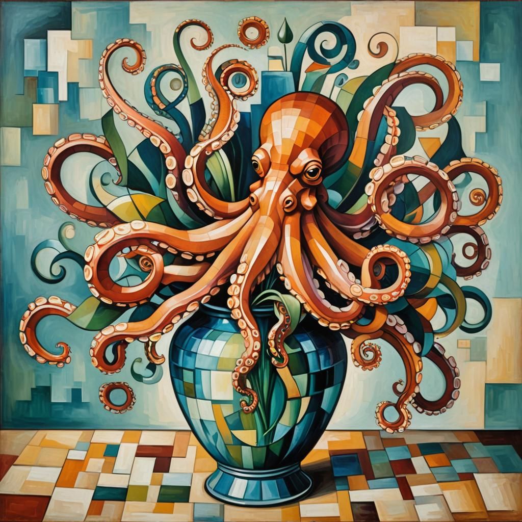 Colorful Cubist Octopus Confined in Vase
