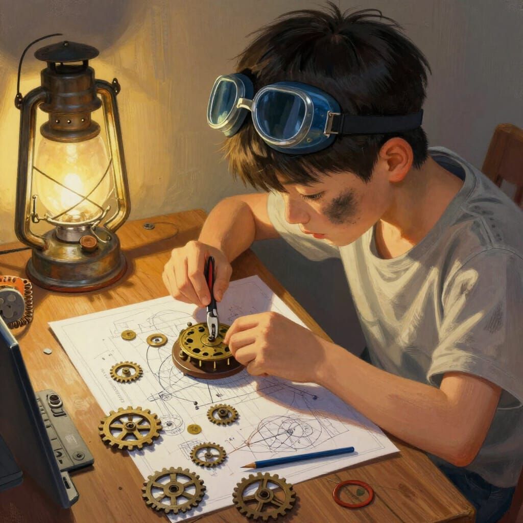 Young Inventor Tinkering with Clockwork in Gas Lamp Glow