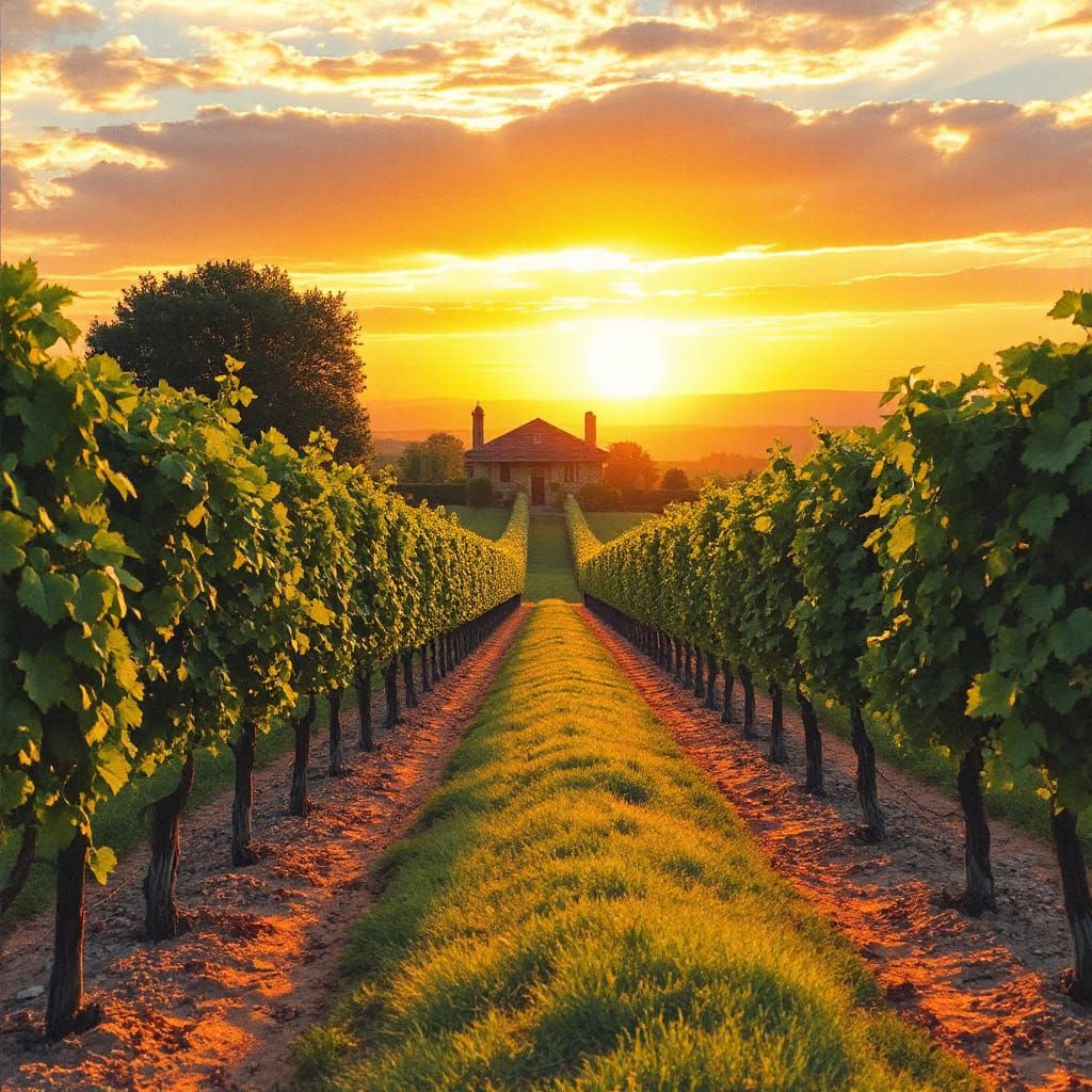 Golden Hour Vineyard Scene in Impressionistic Style