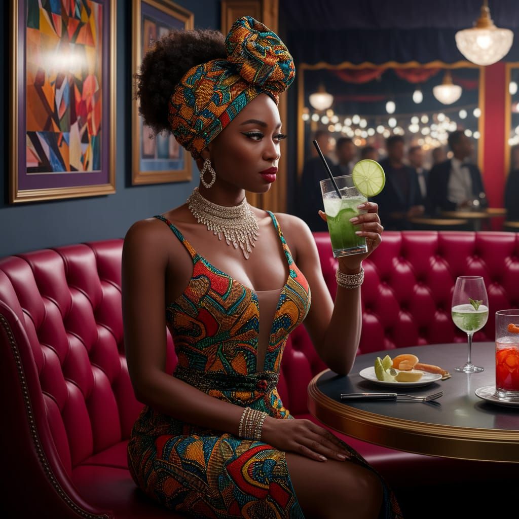 Ghanaian Woman in Kente Gown at Jazz Club