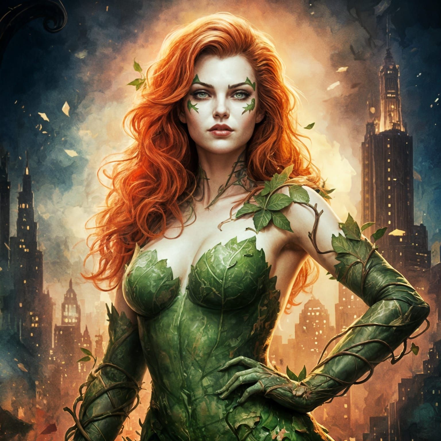 Poison Ivy in Gotham: Watercolor Painting