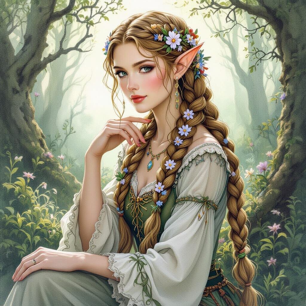 Elegant Elf in Forest, Delicate Pencil Drawing