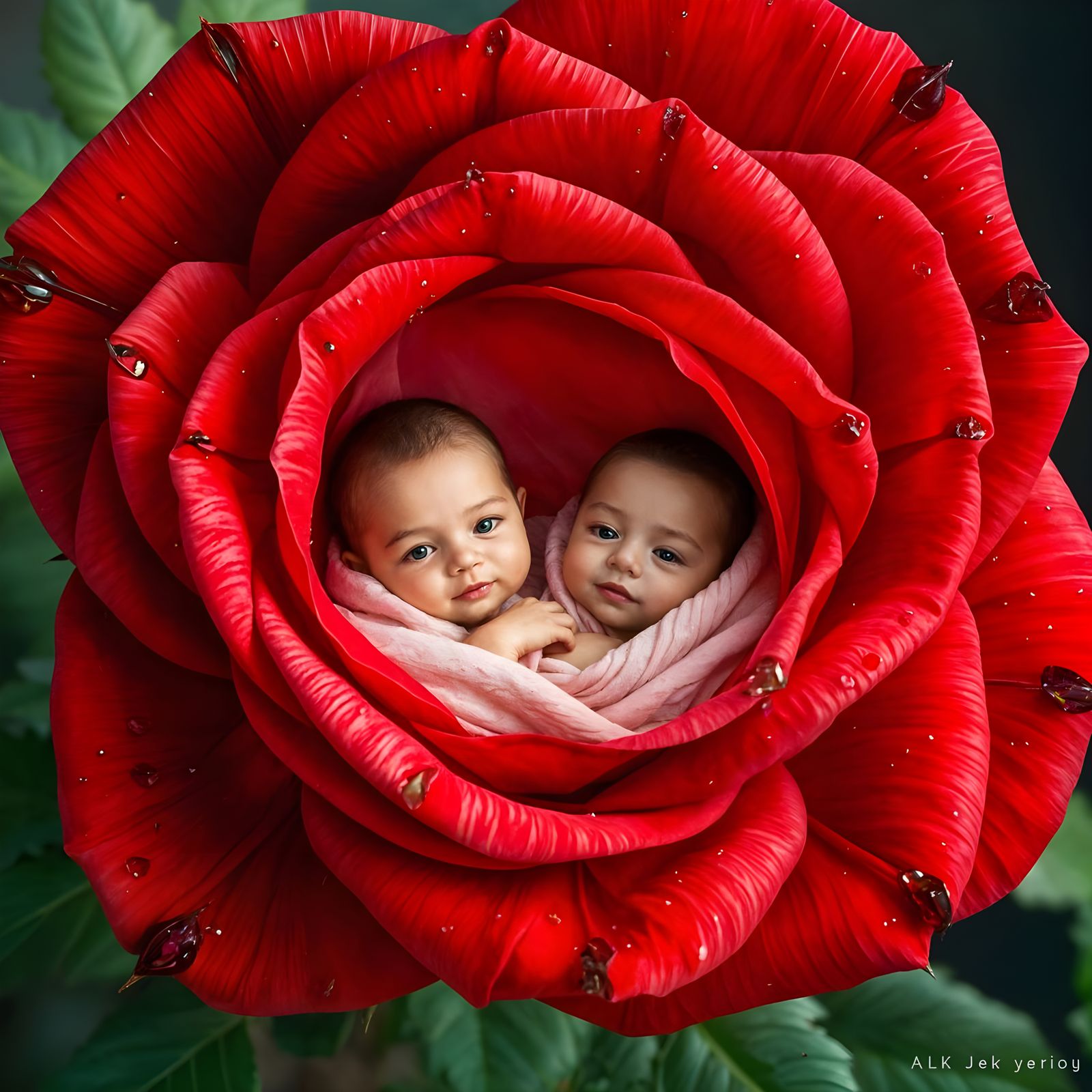 Tiny Babies Snuggled in Crystal Rose