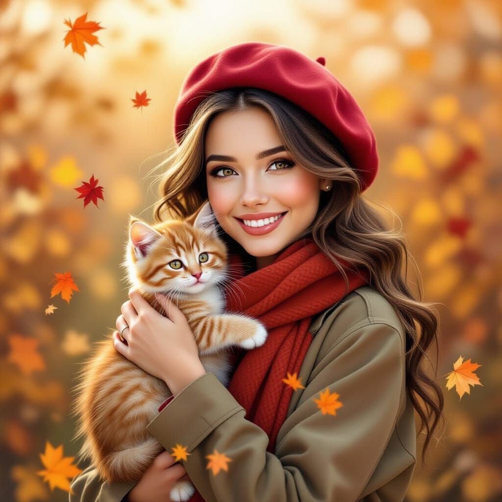 Girl with Kitten in Photorealistic Oil Painting Style