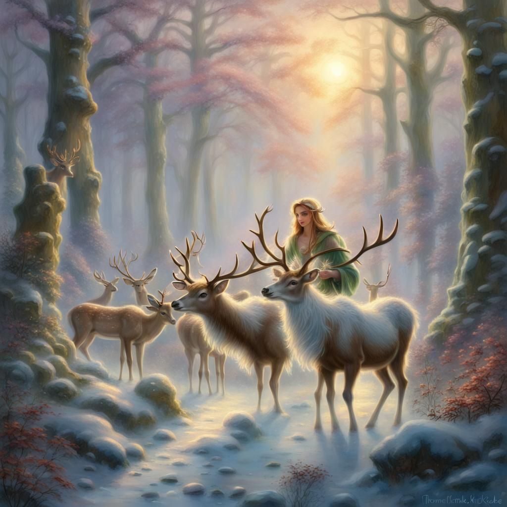 Magical Forest Elf Feeding Reindeer