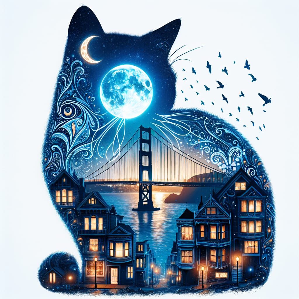 Nighttime Cityscape Cat Silhouette Double Exposure