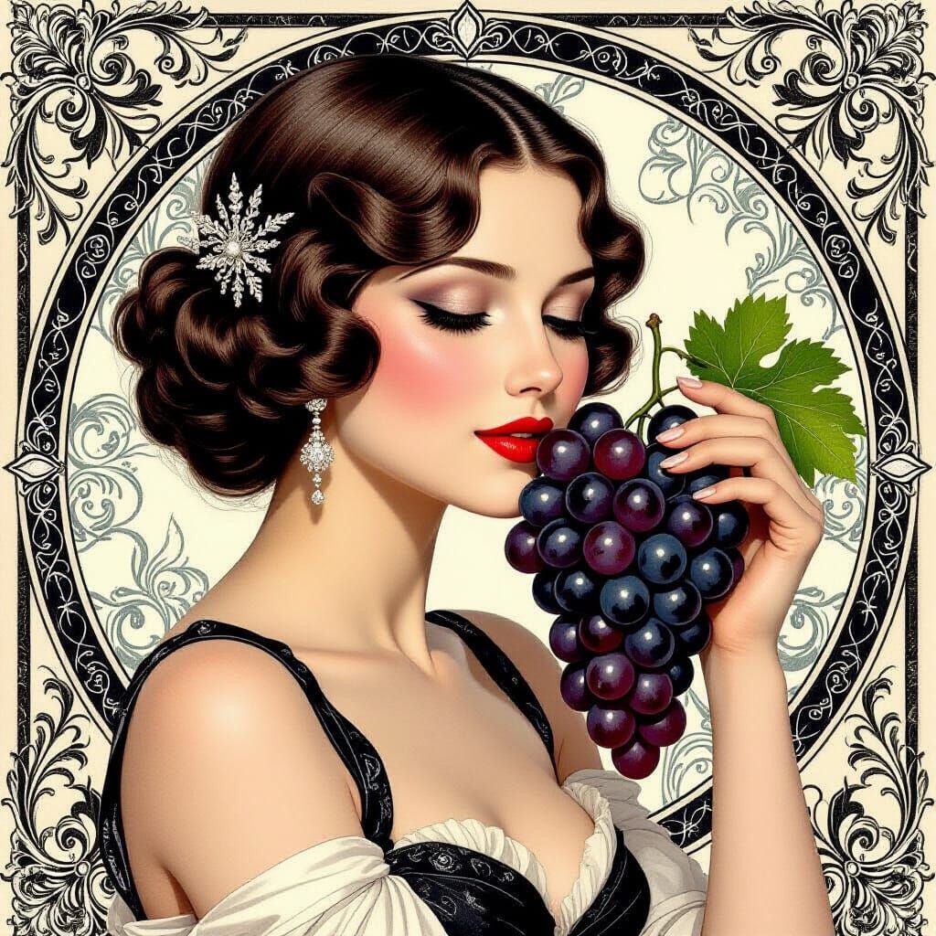 Elegant Woman Bites Grapes in Art Deco Charcoal