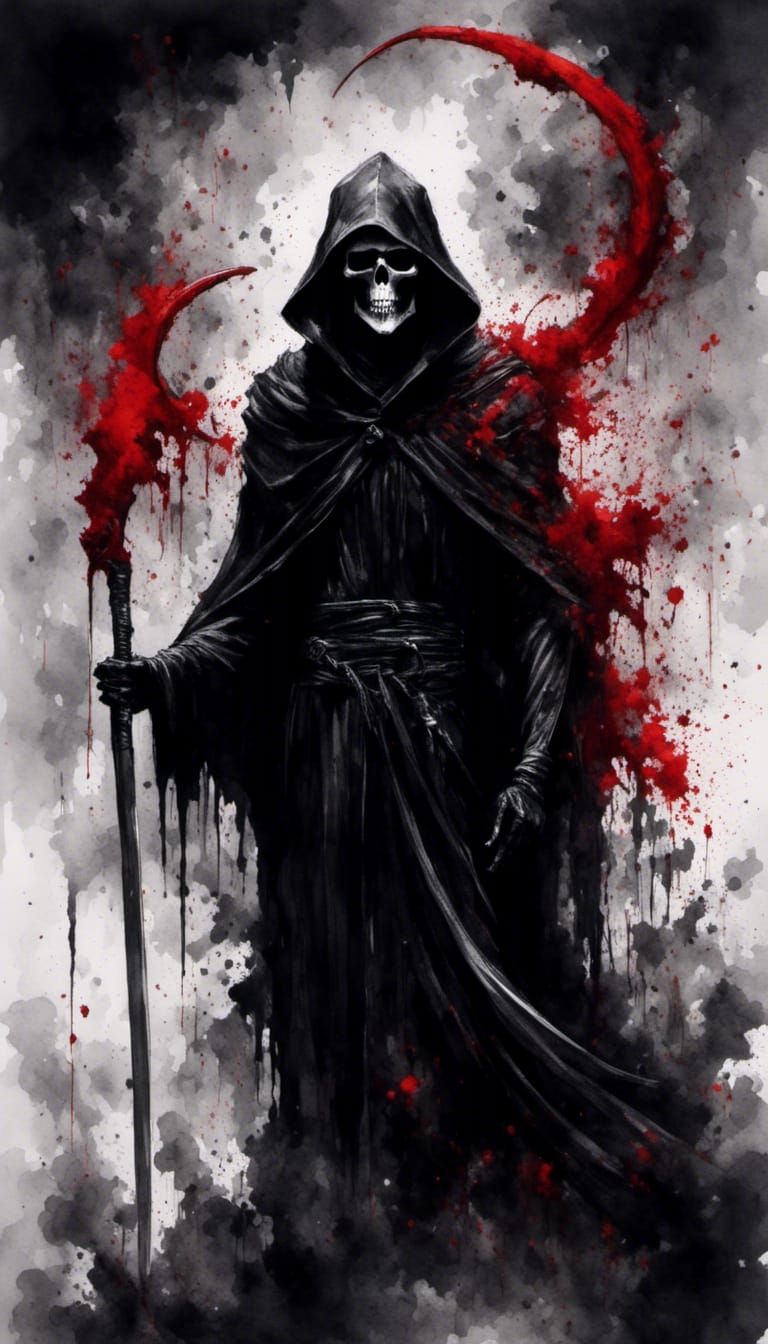 Grim Reaper in Watercolor Ink Splatter Art